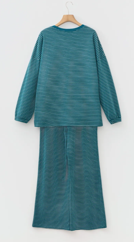 Katniss Green Stripe Dropped Shoulder Long Sleeve Top Elastic Waist Pants Casual 2pcs Set