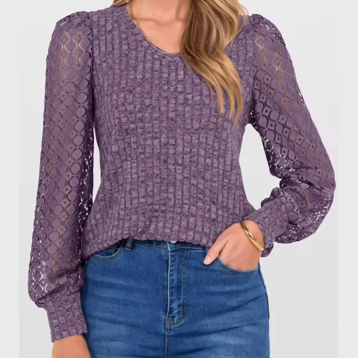 Arabella Purple Lace‑Sleeve Knit Top