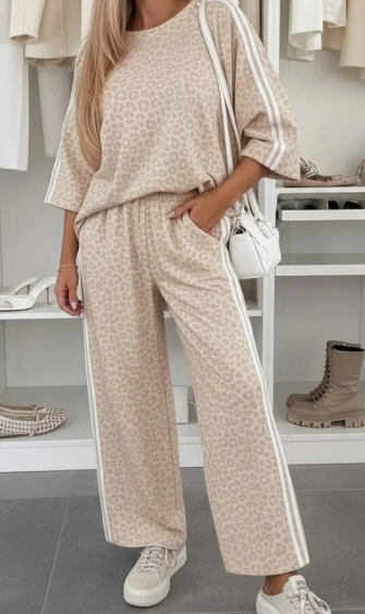 Angelonia Apricot Leopard Print Varsity Striped Detail 3/4 Sleeve Top Shift Pant Set