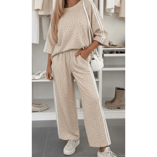Angelonia Apricot Leopard Print Varsity Striped Detail 3/4 Sleeve Top Shift Pant Set
