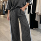 Angelonia Grey Leopard Print Varsity Striped Detail 3/4 Sleeve Top Shift Pant Set