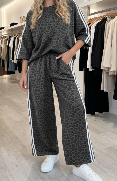 Angelonia Grey Leopard Print Varsity Striped Detail 3/4 Sleeve Top Shift Pant Set