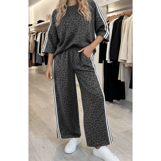 Angelonia Grey Leopard Print Varsity Striped Detail 3/4 Sleeve Top Shift Pant Set