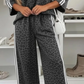 Angelonia Grey Leopard Print Varsity Striped Detail 3/4 Sleeve Top Shift Pant Set