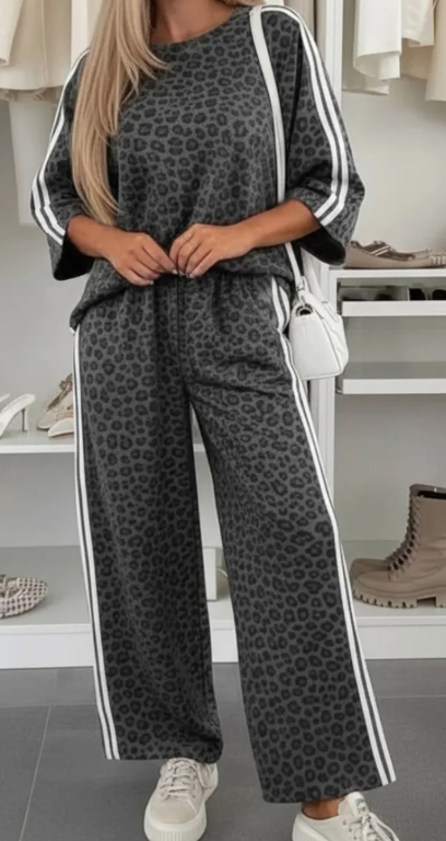 Angelonia Grey Leopard Print Varsity Striped Detail 3/4 Sleeve Top Shift Pant Set