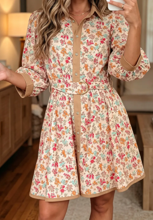 Pauletta Orange Floral Print Color Block Trim Button Down 3/4 Sleeve Belted Mini Dress