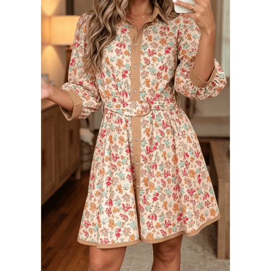 Pauletta Orange Floral Print Color Block Trim Button Down 3/4 Sleeve Belted Mini Dress