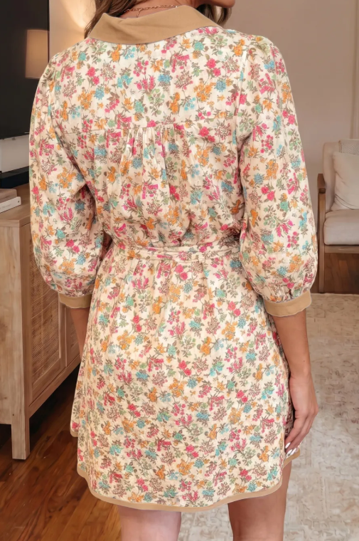Pauletta Orange Floral Print Color Block Trim Button Down 3/4 Sleeve Belted Mini Dress
