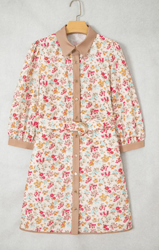 Pauletta Orange Floral Print Color Block Trim Button Down 3/4 Sleeve Belted Mini Dress