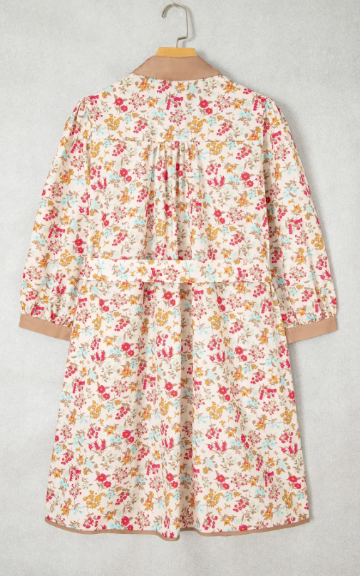 Pauletta Orange Floral Print Color Block Trim Button Down 3/4 Sleeve Belted Mini Dress