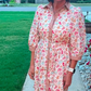 Pauletta Orange Floral Print Color Block Trim Button Down 3/4 Sleeve Belted Mini Dress
