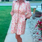 Pauletta Orange Floral Print Color Block Trim Button Down 3/4 Sleeve Belted Mini Dress