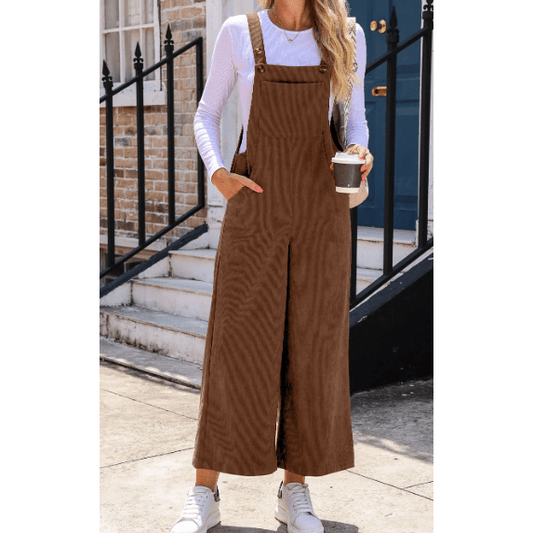 Shawna Brown Solid Color Corduroy Wide Leg Bib Overalls