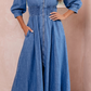 Zadie Blue V Neck Shirred Waist Metal Zipper Denim Midi Dress
