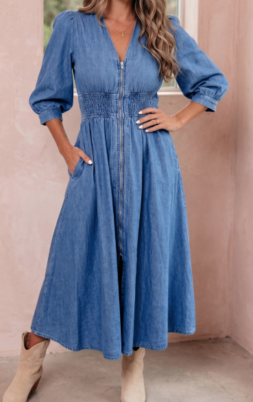 Zadie Blue V Neck Shirred Waist Metal Zipper Denim Midi Dress