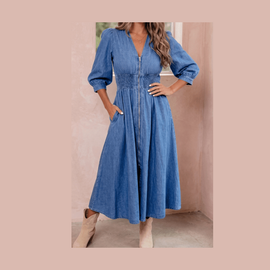Zadie Blue V Neck Shirred Waist Metal Zipper Denim Midi Dress