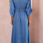 Zadie Blue V Neck Shirred Waist Metal Zipper Denim Midi Dress