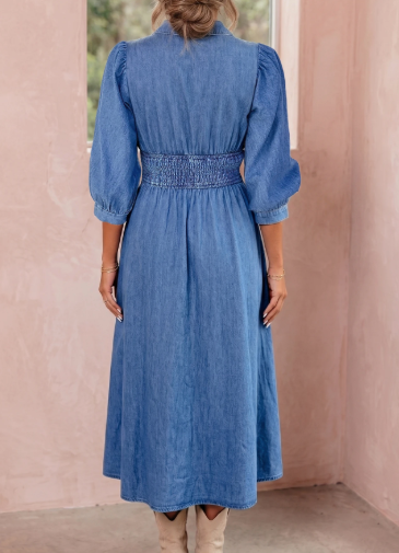 Zadie Blue V Neck Shirred Waist Metal Zipper Denim Midi Dress
