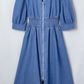 Zadie Blue V Neck Shirred Waist Metal Zipper Denim Midi Dress