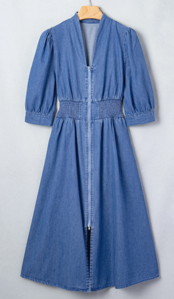 Zadie Blue V Neck Shirred Waist Metal Zipper Denim Midi Dress
