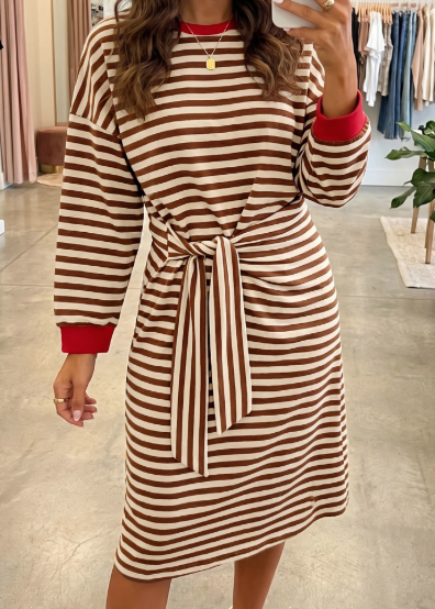 Chantye Brown Stripe Striped Colorblock Cuffs Round Neck Long Sleeve Shift Dress