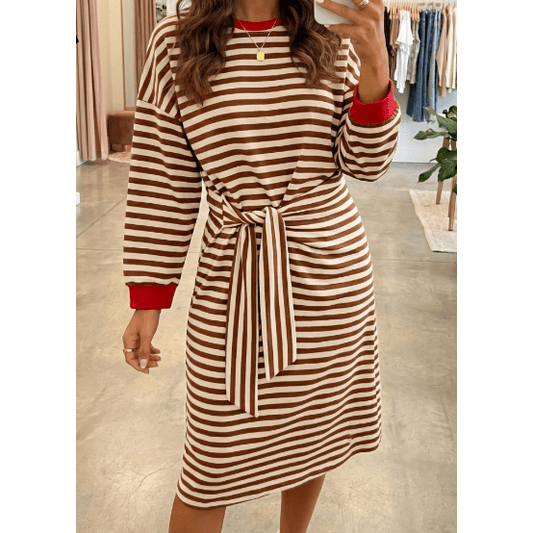 Chantye Brown Stripe Striped Colorblock Cuffs Round Neck Long Sleeve Shift Dress