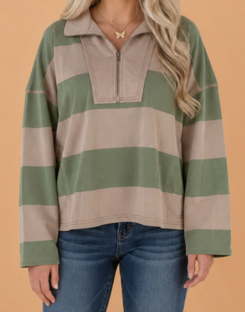 Dianna Green Striped Colorblock Zipper Pullover Long Sleeve Loose Top