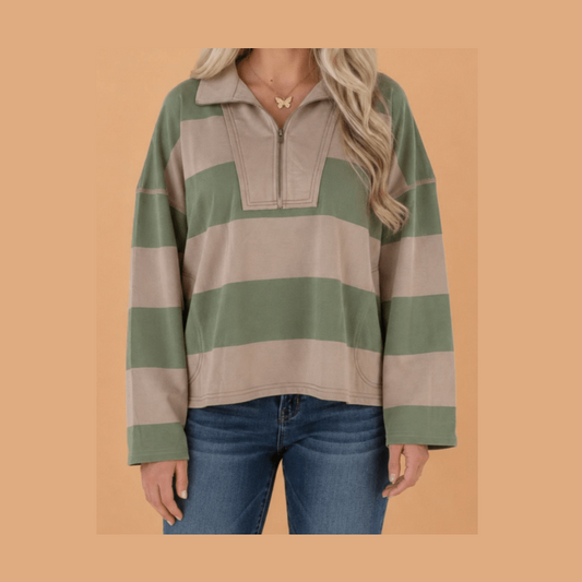 Dianna Green Striped Colorblock Zipper Pullover Long Sleeve Loose Top