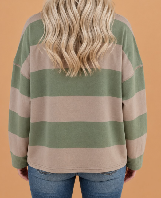 Dianna Green Striped Colorblock Zipper Pullover Long Sleeve Loose Top