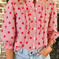 Naveen Red Polka Dot Striped Print Ruffle Stand Neck 3/4 Sleeve Shift Shirt