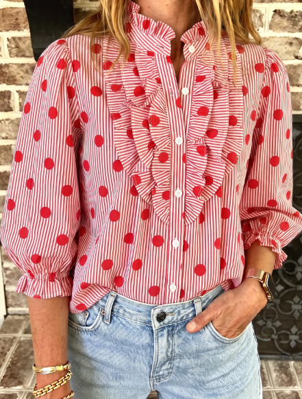 Naveen Red Polka Dot Striped Print Ruffle Stand Neck 3/4 Sleeve Shift Shirt