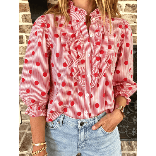 Naveen Red Polka Dot Striped Print Ruffle Stand Neck 3/4 Sleeve Shift Shirt