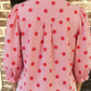 Naveen Red Polka Dot Striped Print Ruffle Stand Neck 3/4 Sleeve Shift Shirt