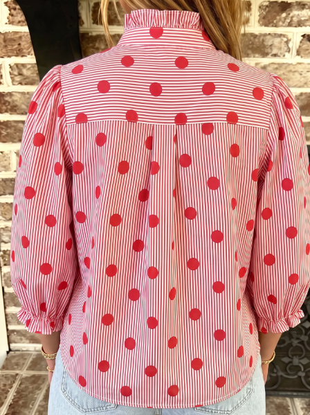 Naveen Red Polka Dot Striped Print Ruffle Stand Neck 3/4 Sleeve Shift Shirt