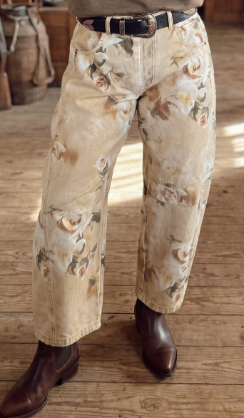 RTS Khaki Retro Floral Print Relaxed Barrel Jeans