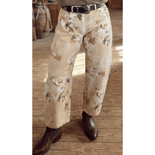 Hayden Khaki Retro Floral Print Relaxed Barrel Jeans