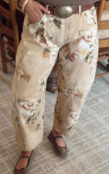 RTS Khaki Retro Floral Print Relaxed Barrel Jeans