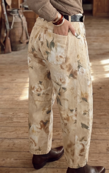 RTS Khaki Retro Floral Print Relaxed Barrel Jeans