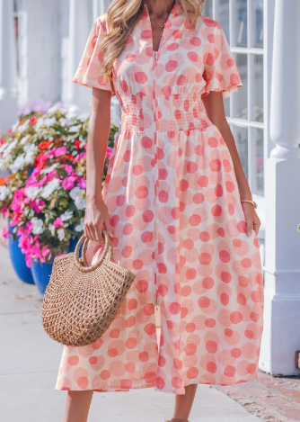 RTS Polka Dot Printed Ruffle Short Sleeve Zip Up Long Dress