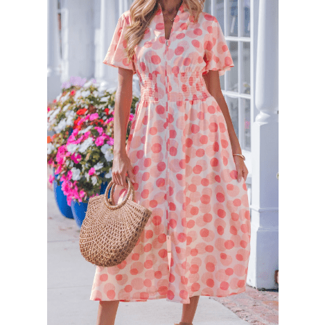 RTS Polka Dot Printed Ruffle Short Sleeve Zip Up Long Dress