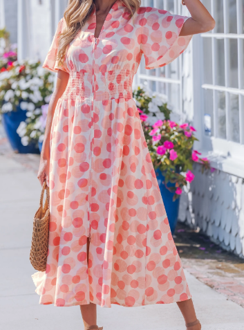 RTS Polka Dot Printed Ruffle Short Sleeve Zip Up Long Dress