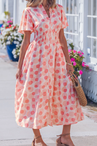 RTS Polka Dot Printed Ruffle Short Sleeve Zip Up Long Dress