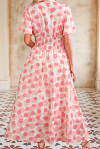 RTS Polka Dot Printed Ruffle Short Sleeve Zip Up Long Dress