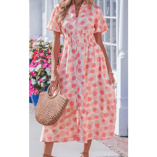 SALE!!!  Annie Pink Polka Dot Printed Ruffle Short Sleeve Zip Up Long Dress
