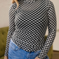 Biba Black Plaid Stand Neck Long Sleeve Mesh Top