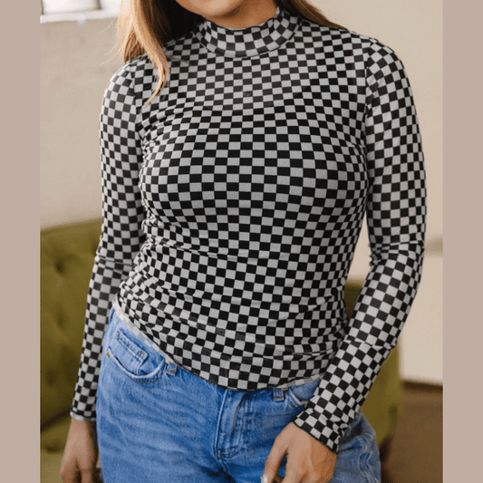 Biba Black Plaid Stand Neck Long Sleeve Mesh Top