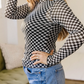 Biba Black Plaid Stand Neck Long Sleeve Mesh Top