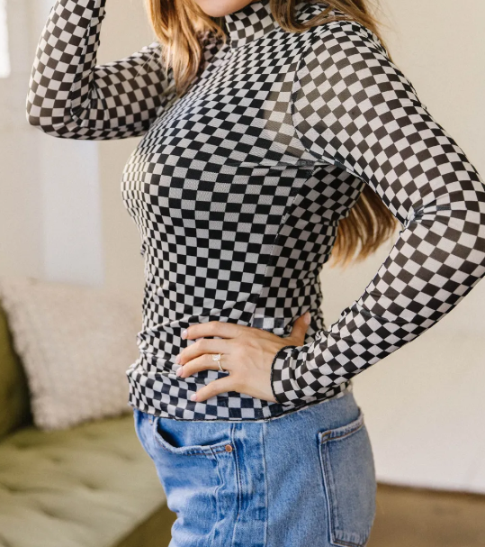 Biba Black Plaid Stand Neck Long Sleeve Mesh Top