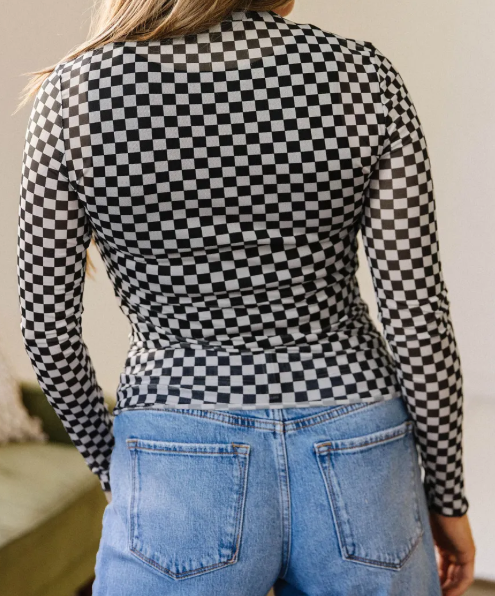 Biba Black Plaid Stand Neck Long Sleeve Mesh Top