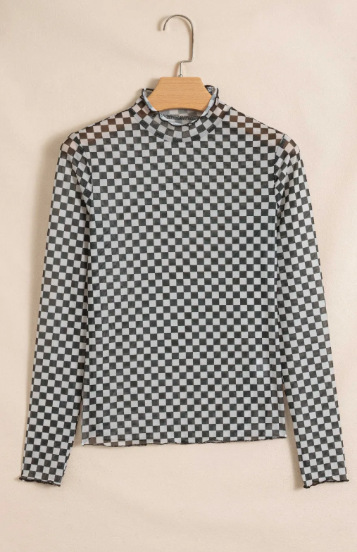 Biba Black Plaid Stand Neck Long Sleeve Mesh Top